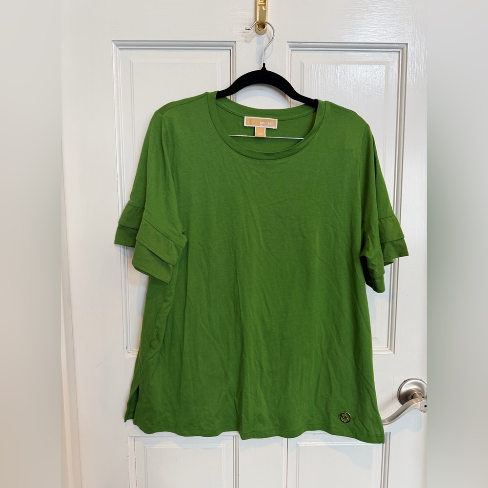 Like New Michael Kors Green Ruffle Sleeve Shirt Size L - Picture 2 of 5